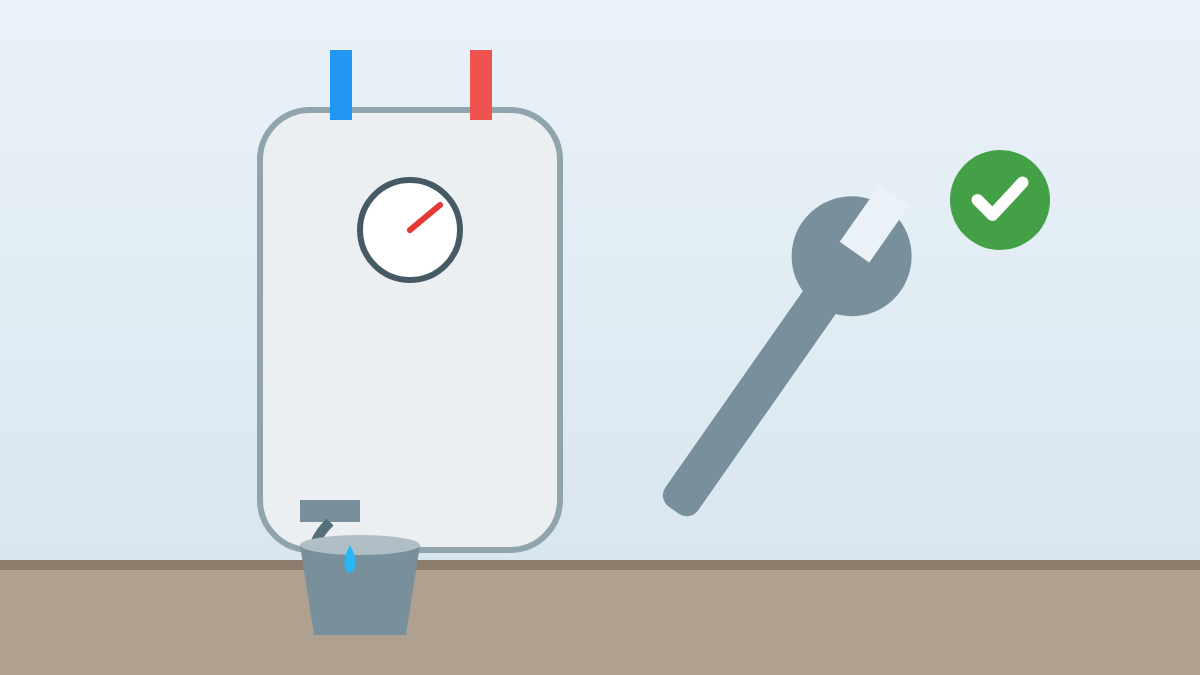 Water heater beside a wrench, check mark, and bucket