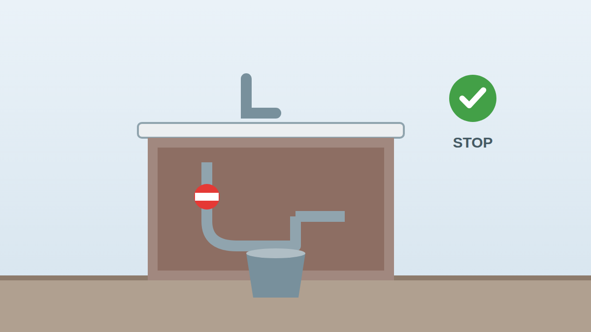 Leaking sink pipe with a shutoff symbol and bucket underneath