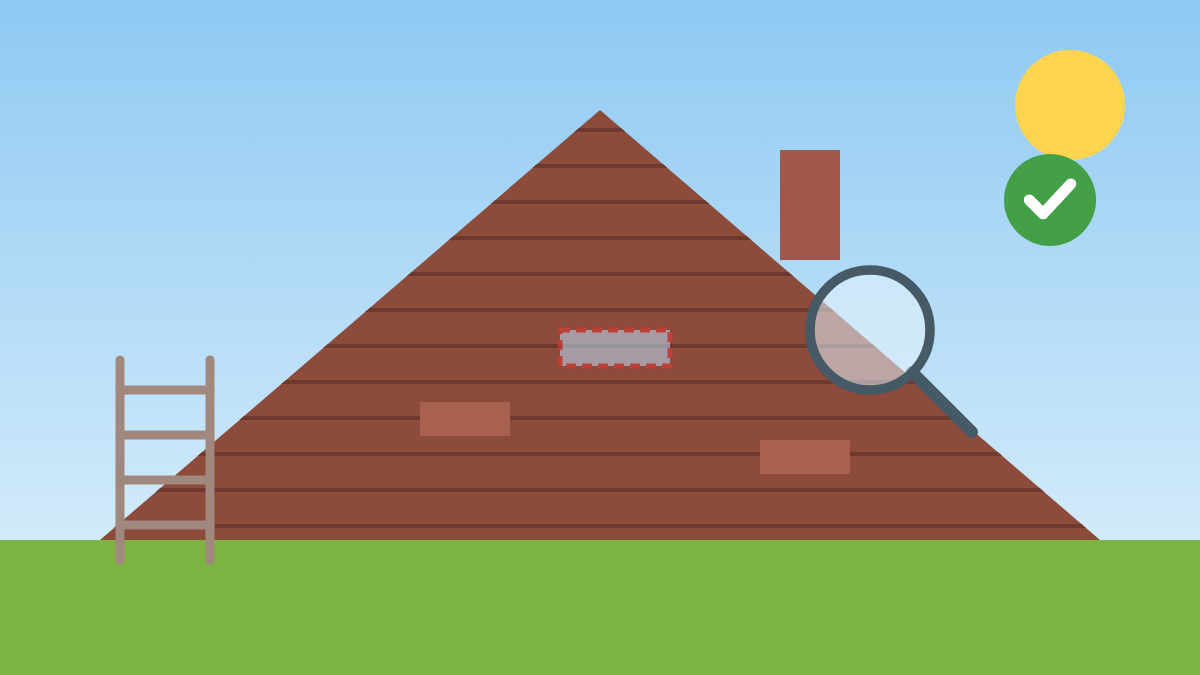 House roof with shingles, a chimney, ladder, and inspection magnifier