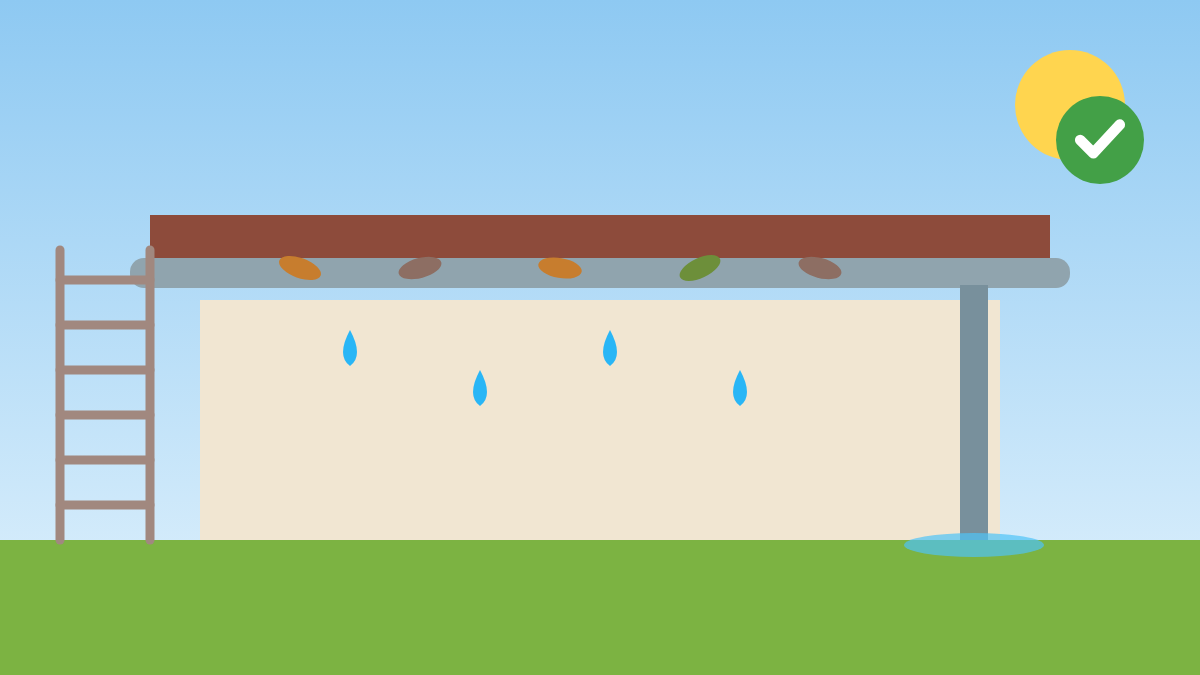 Leaves in a rain gutter with dripping water and a downspout