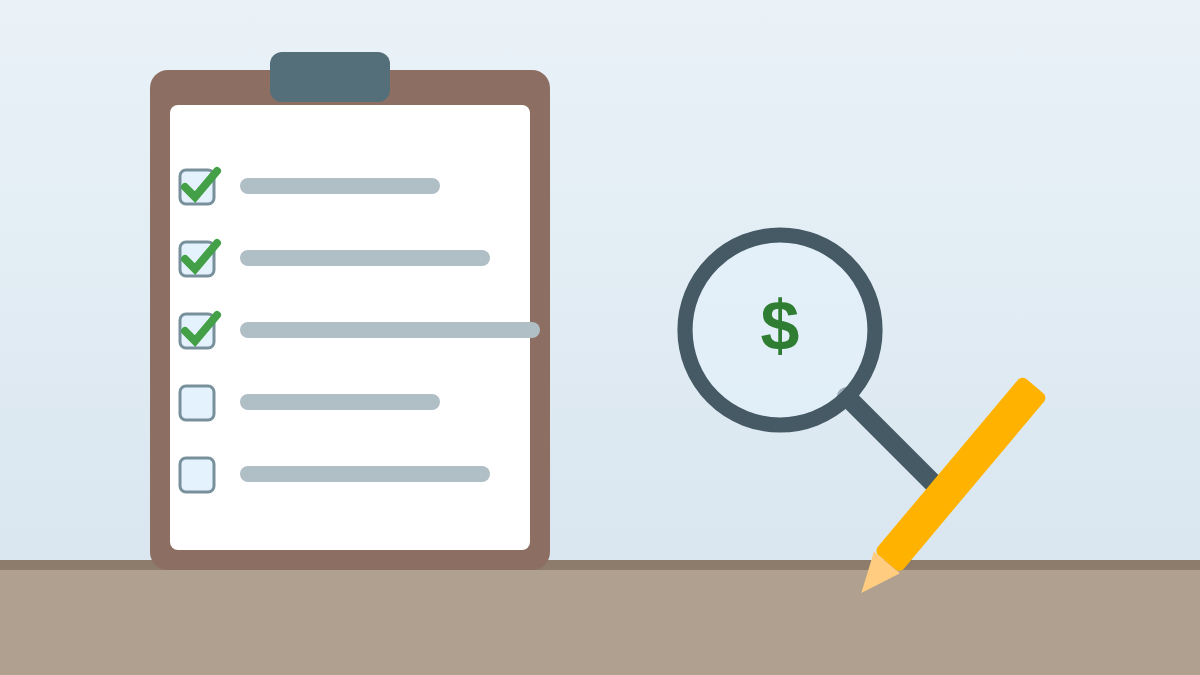 Repair checklist with checked items, a cost magnifier, and a pencil